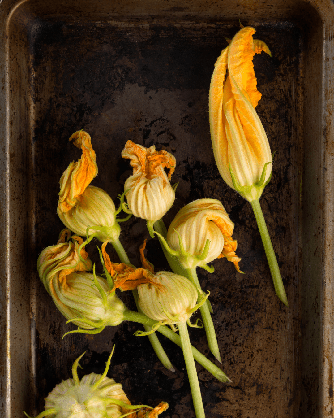 Courgette flowers being prepared at Newsham