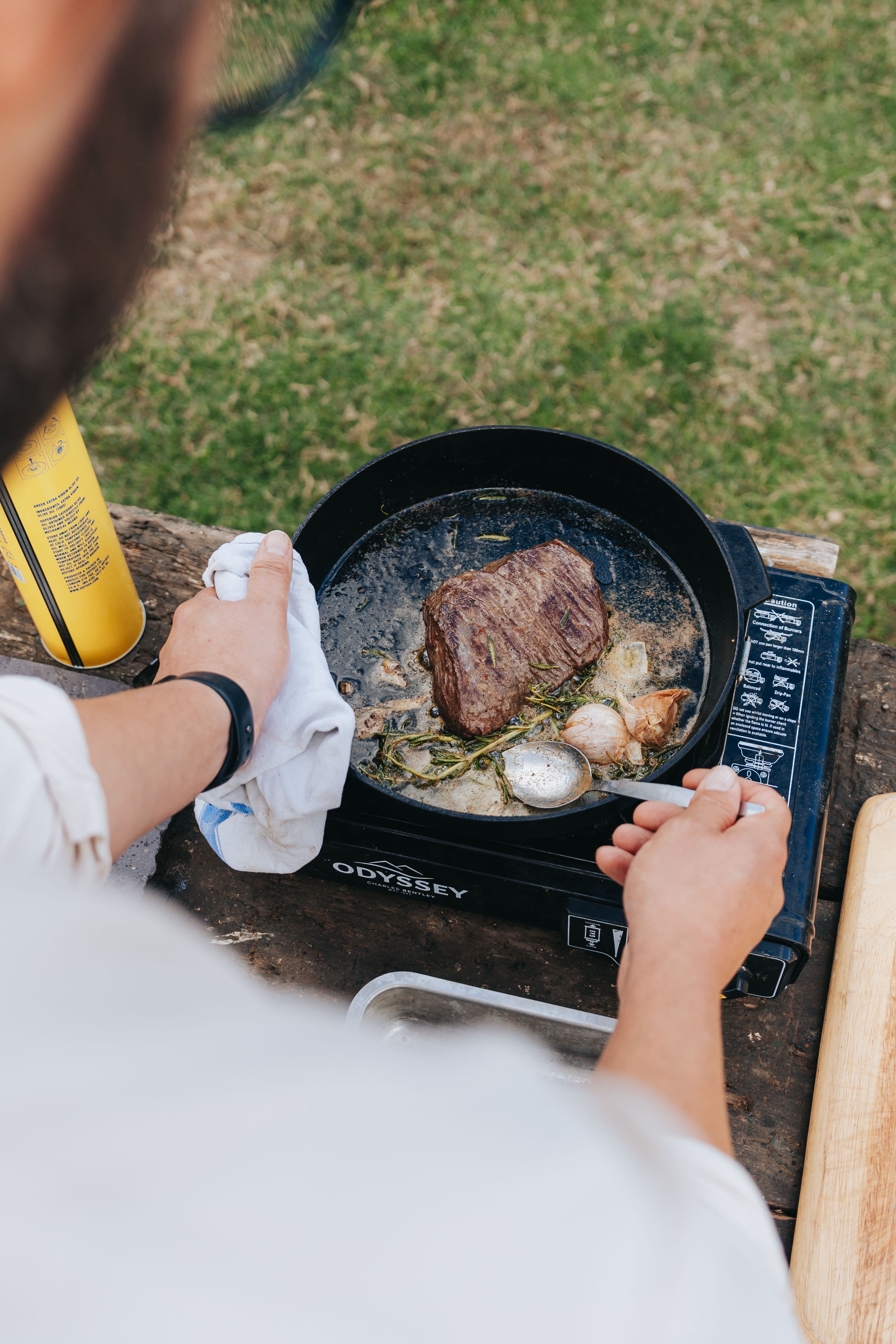 Bavette Steak cooking in the Peckish Kitchen Garden
