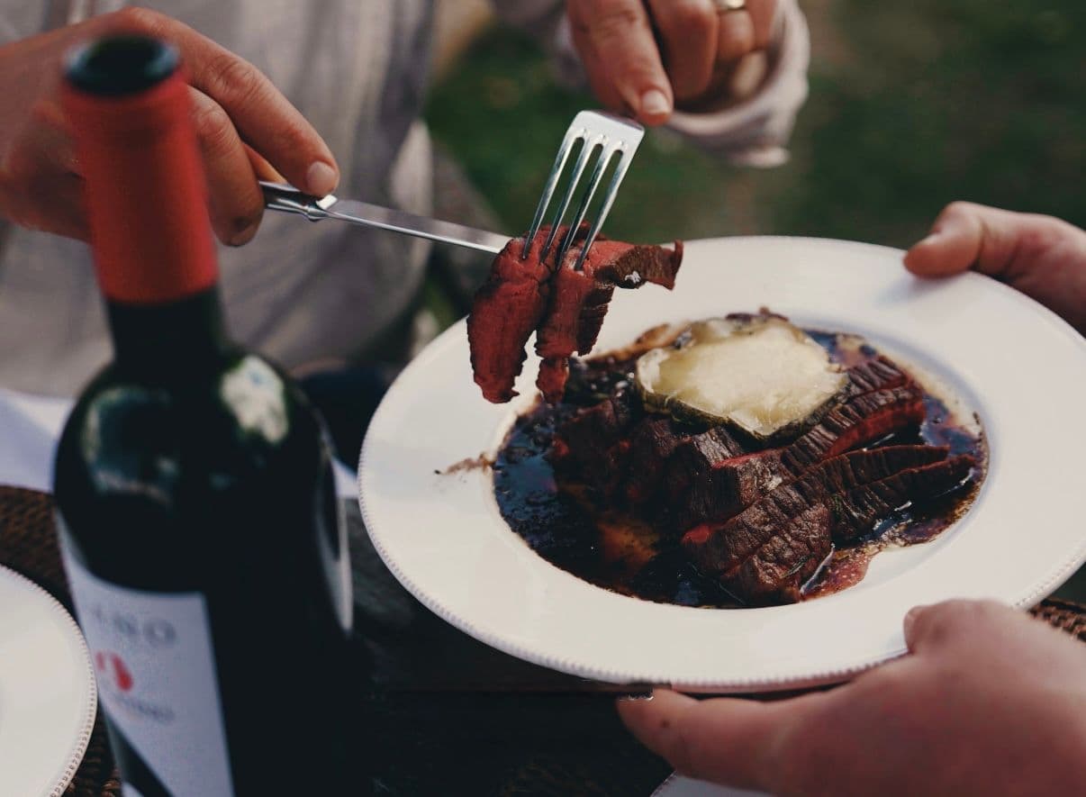 Bavette Steak with Shepherds Purse Bluemin White Cheese served from Peckish Kitchen, Thirsk